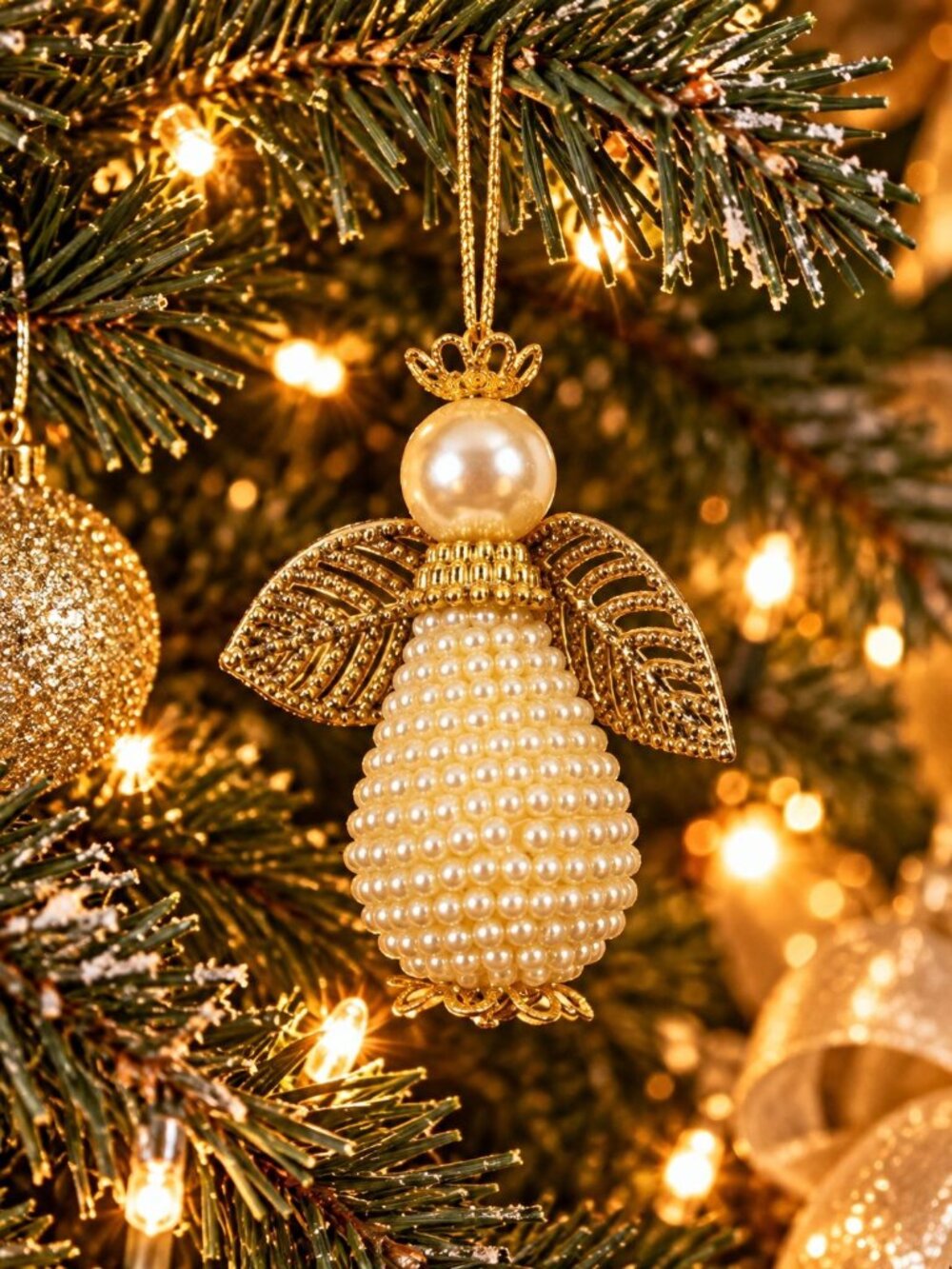 Gold Pearl Beaded Angel Christmas Ornament Metal Leaves Hanging String